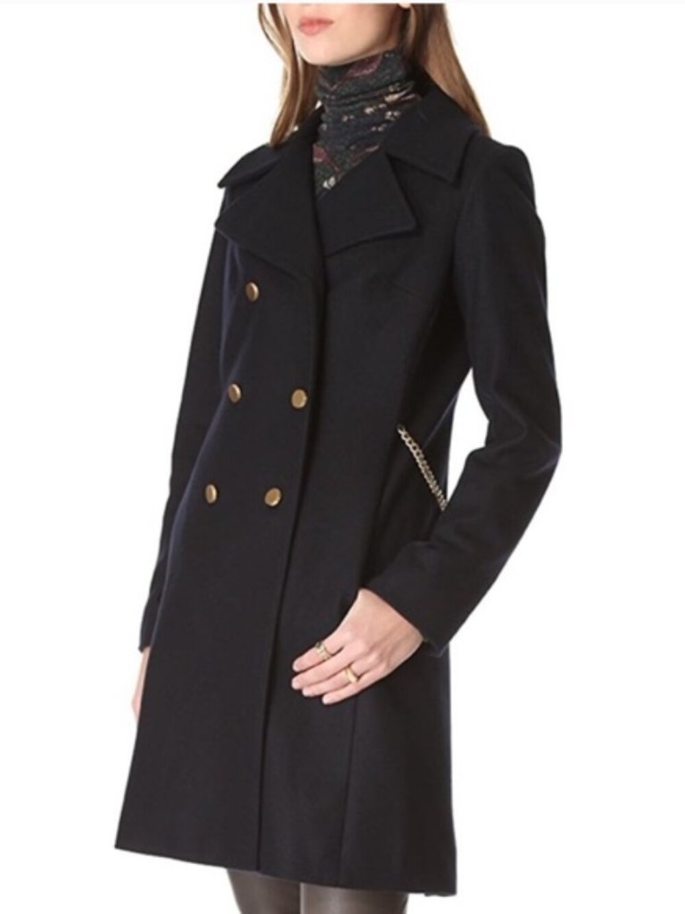 NWT 🌟 CLUB MONACO 🌟 DOUBLE BREASTED CHAIN DETAIL WOOL COAT NAVY SZ S